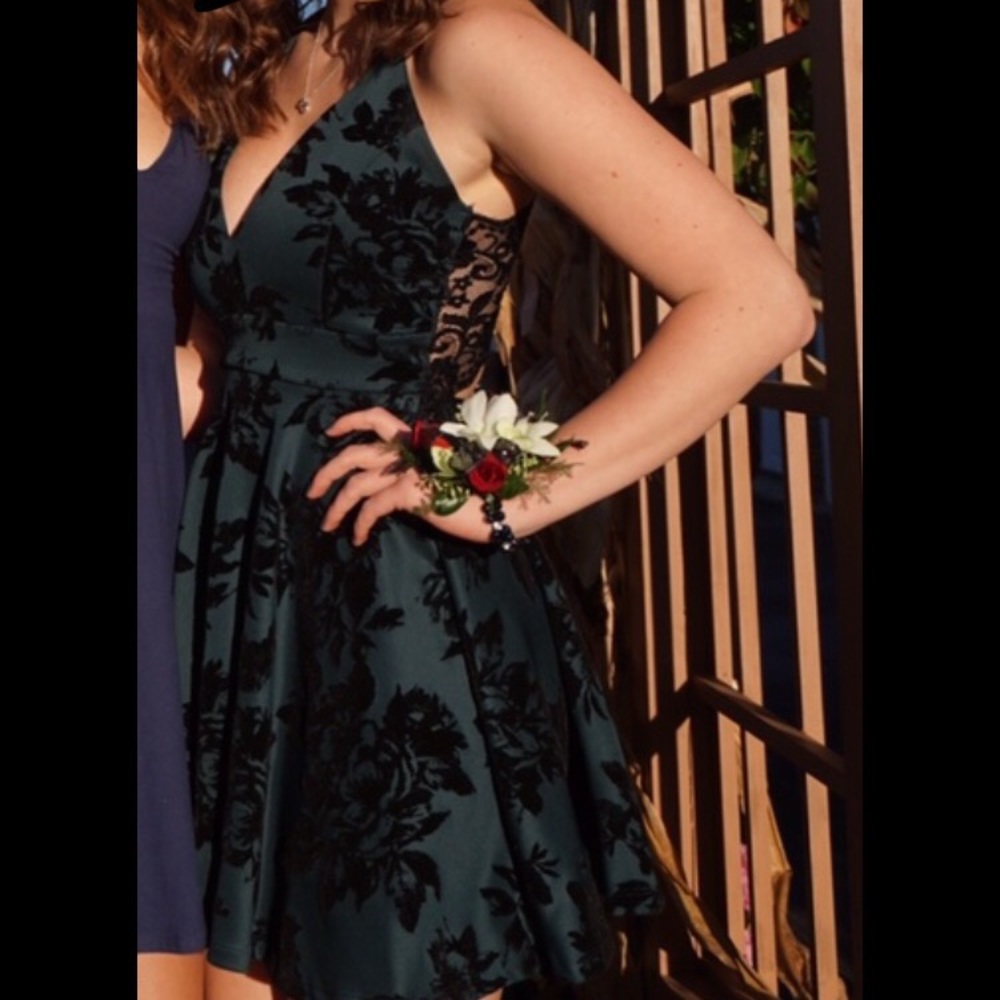 Green/Dark teal skater skirt velvet lace dress